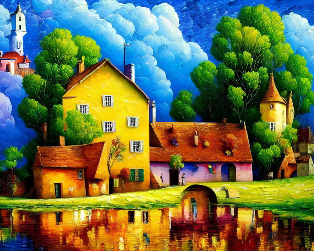 Colorful Painting: Charming Village Houses by Reflective Lake