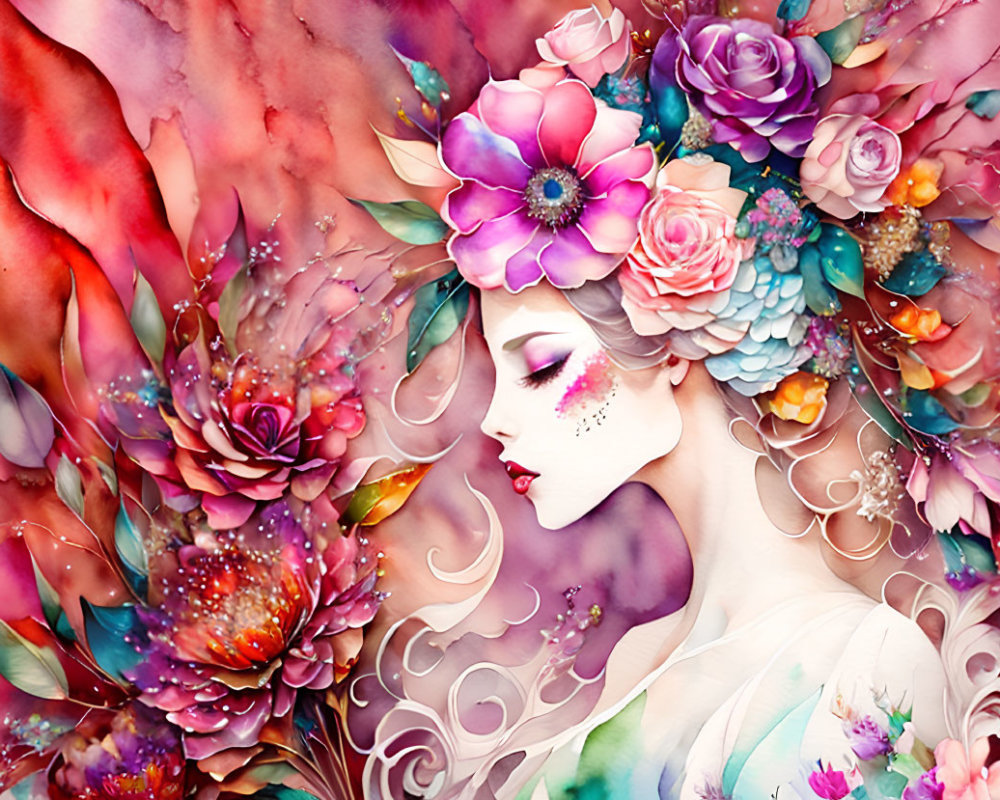 Colorful Floral Headdress on Woman in Dreamy Setting