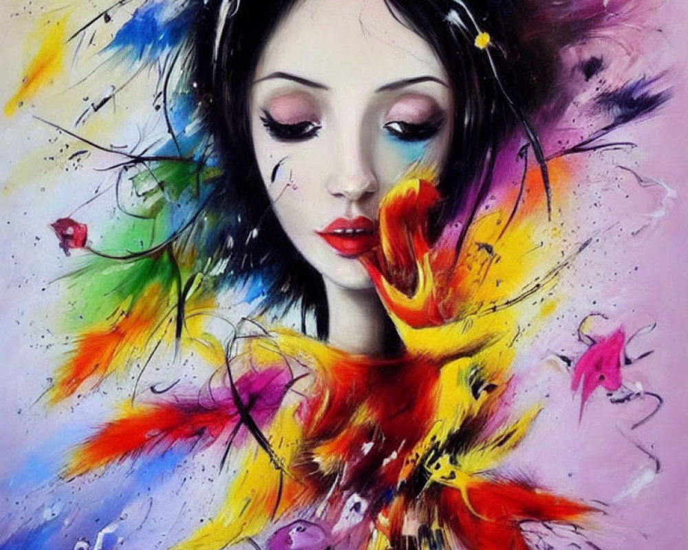 Colorful Abstract Paint Strokes Surrounding Serene Woman Portrait