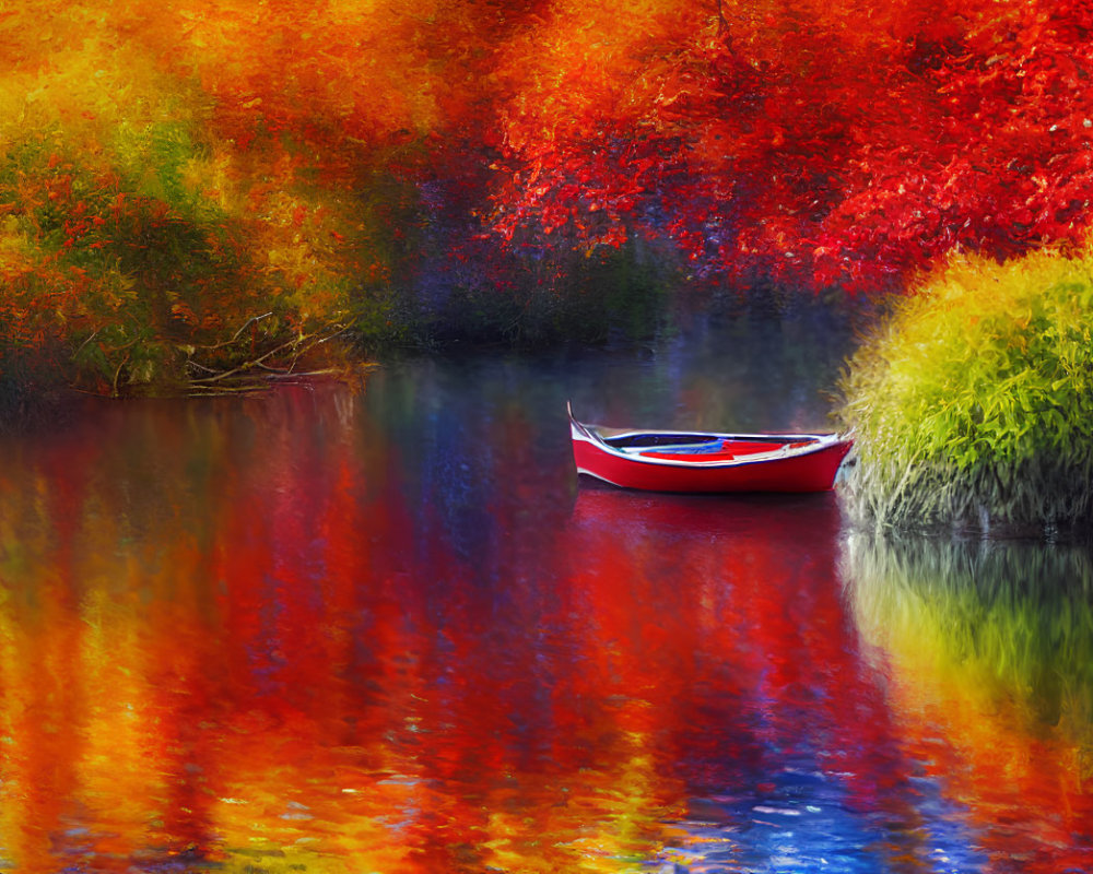 Autumn Landscape: Red and White Boat on Calm Lake amid Vibrant Foliage