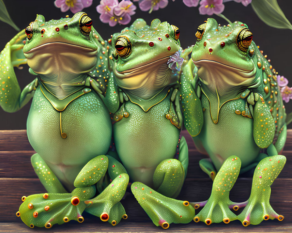 Whimsical green frogs with gold details on wooden surface