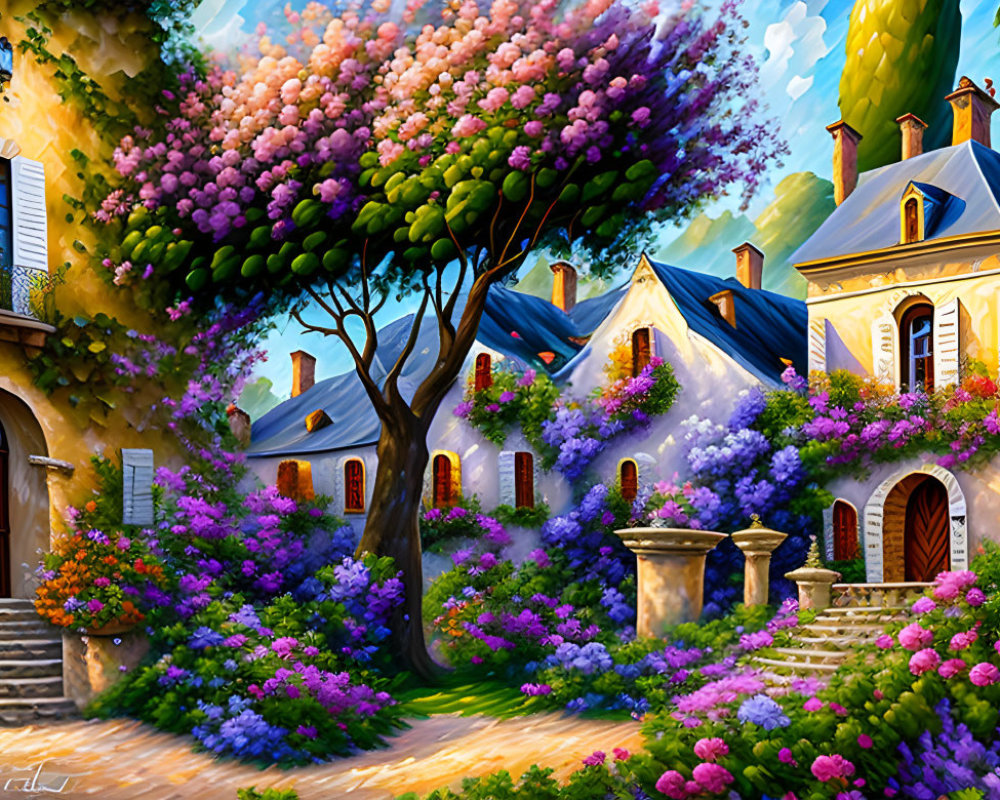 Colorful Painting: Quaint Village Scene with Charming Houses and Lush Gardens