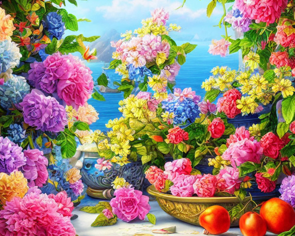 Colorful Flower Painting with Sea Background and Still Life Elements