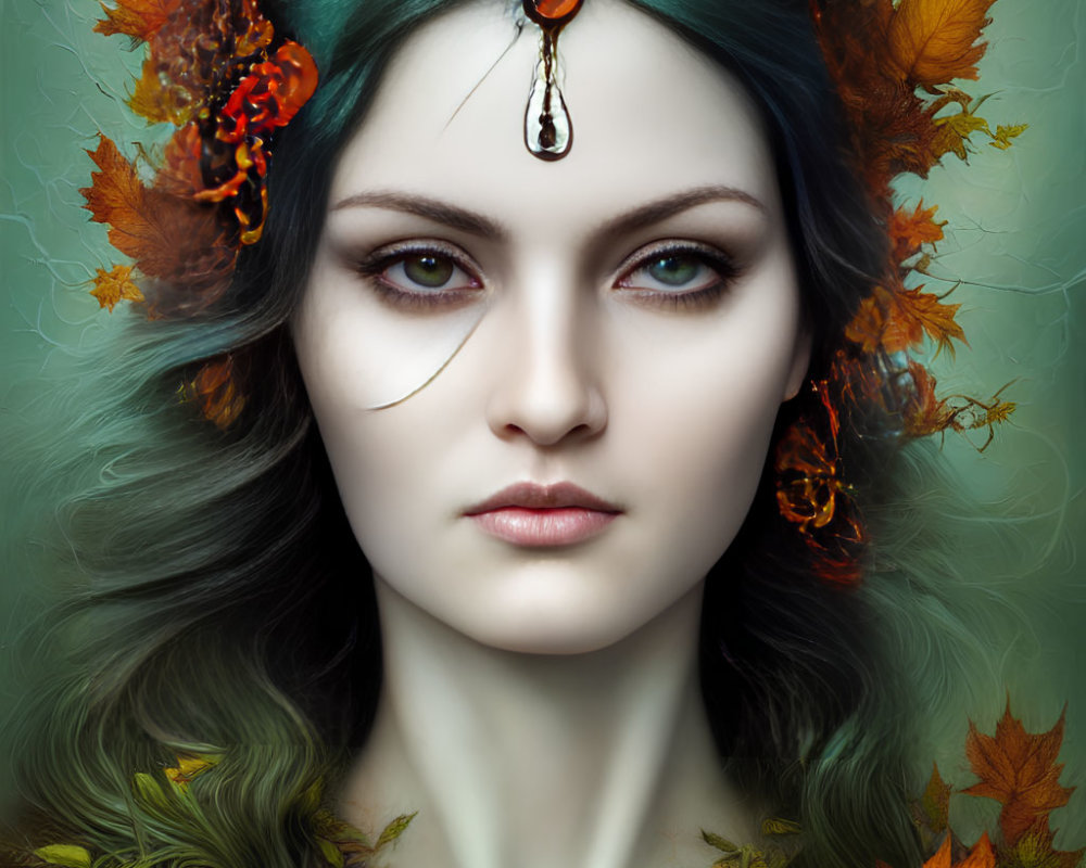 Vibrant digital portrait: woman with autumn leaves, mystical atmosphere