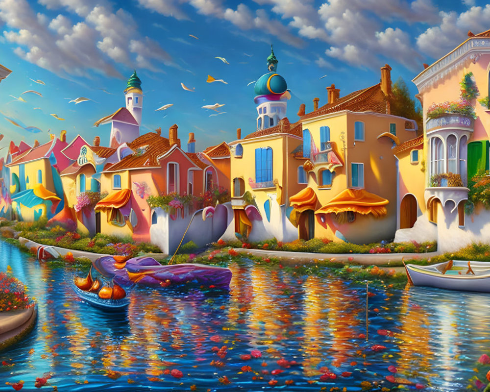 Colorful Canal Scene with Buildings, Boats, Flowers, and Heart Sculpture