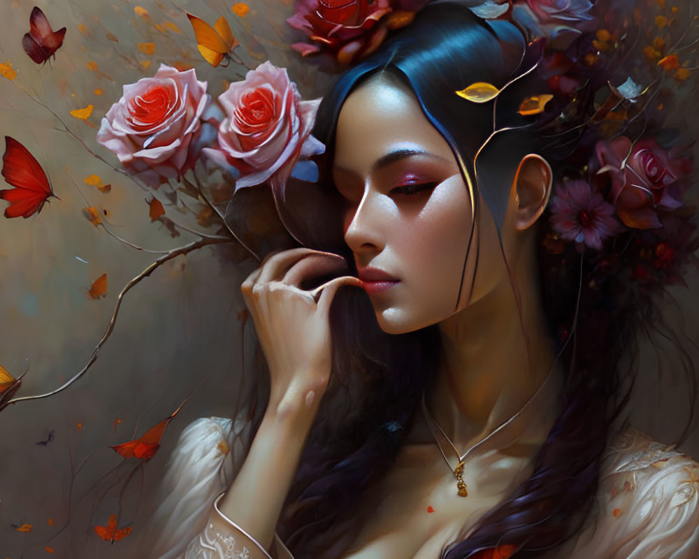 Serene woman with flowers and butterflies in contemplative setting