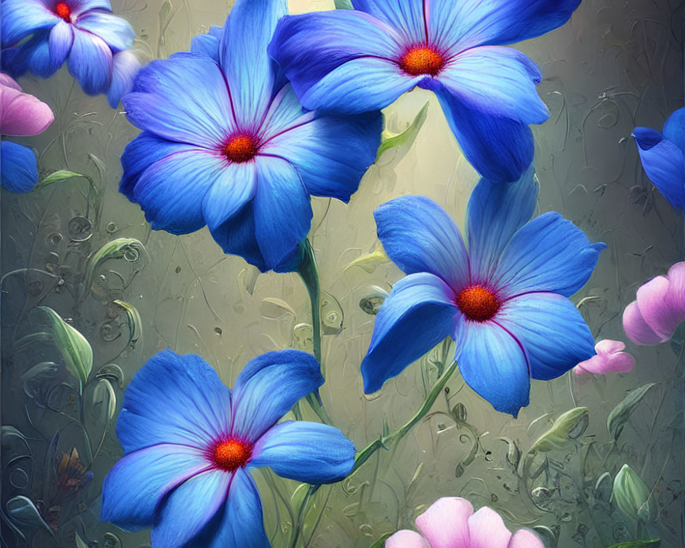 Blue and Red Flower Image with Water Droplets and Pink Blossoms