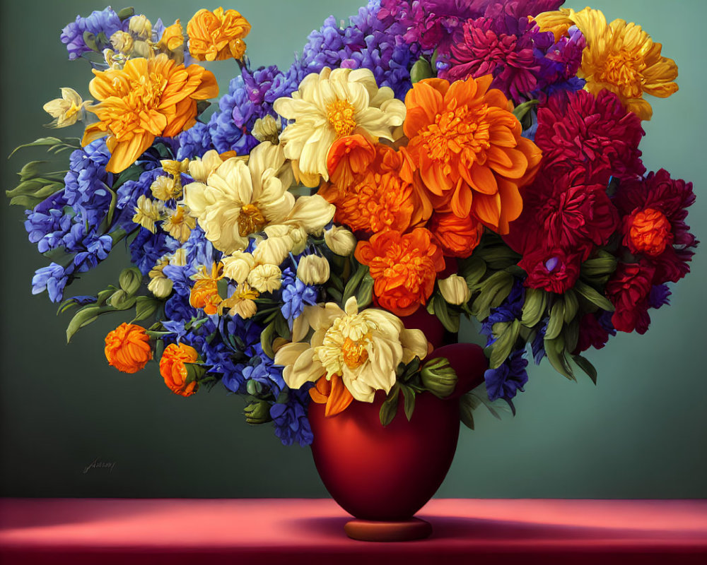 Colorful Flower Bouquet in Red Vase on Green Background