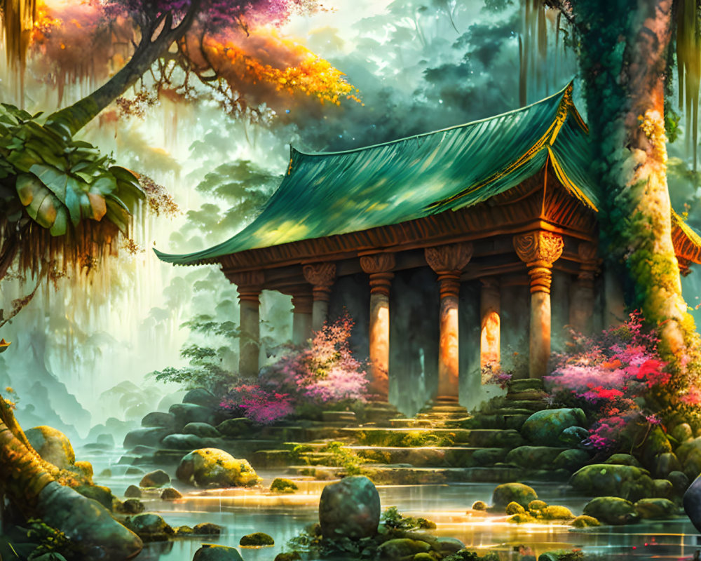 Mystical forest scene with colorful flora, serene pond, and misty ambiance