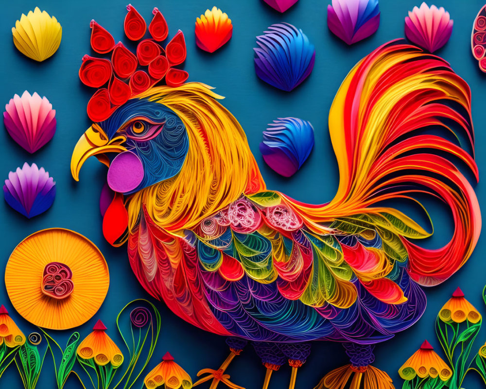 Colorful Rooster Paper Art with Floral Patterns on Blue Background