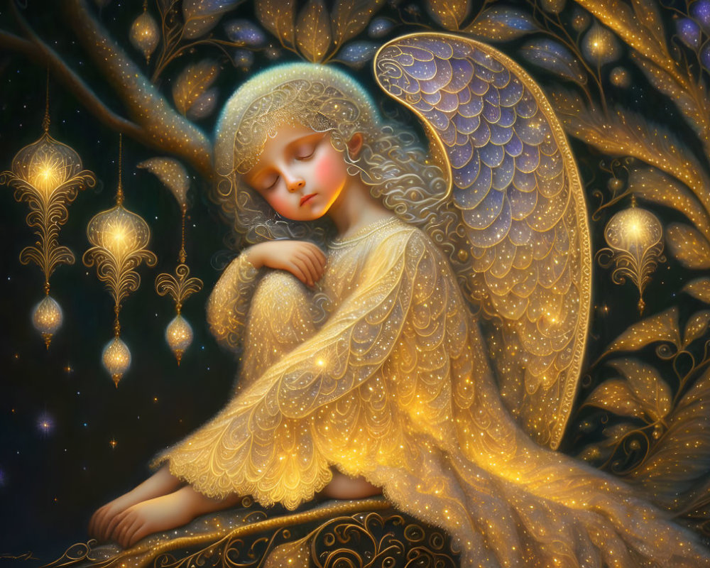 Sleeping angel with golden wings in mystical setting