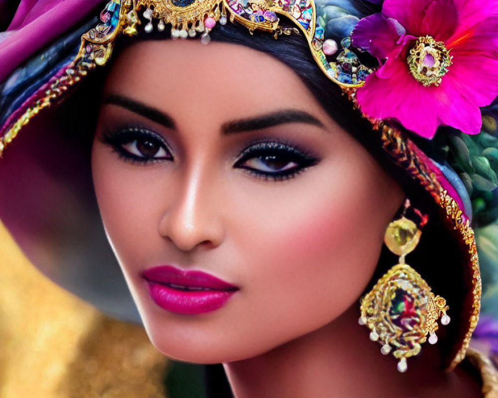 Detailed close-up of woman with dramatic makeup and colorful jewel-embellished headpiece and earrings.