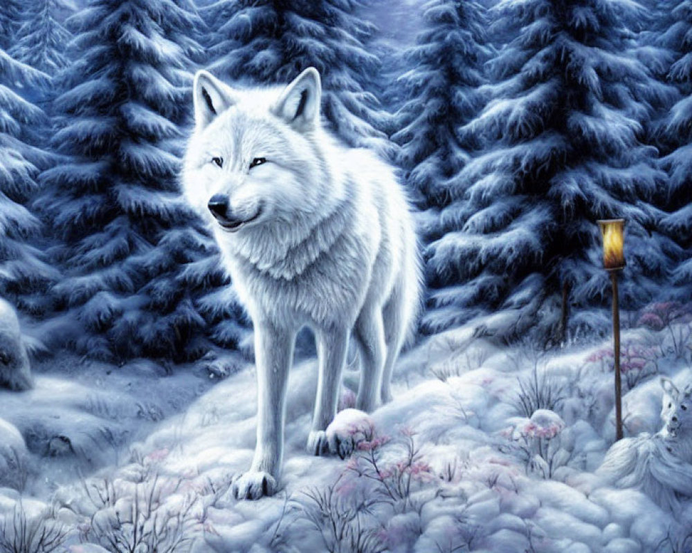 White wolf in snowy forest landscape with fir trees and light snowfall