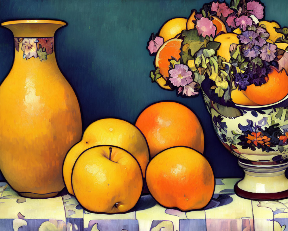 Colorful Still Life Painting with Golden Vase and Fruit Bowl