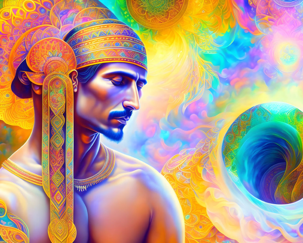 Colorful digital art of regal man with intricate headdress against psychedelic background