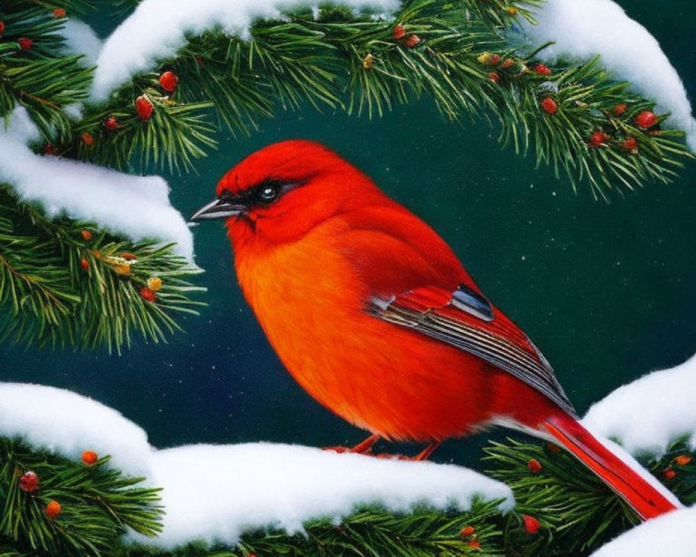 Red cardinal on snow-covered branch with red berries against dark background