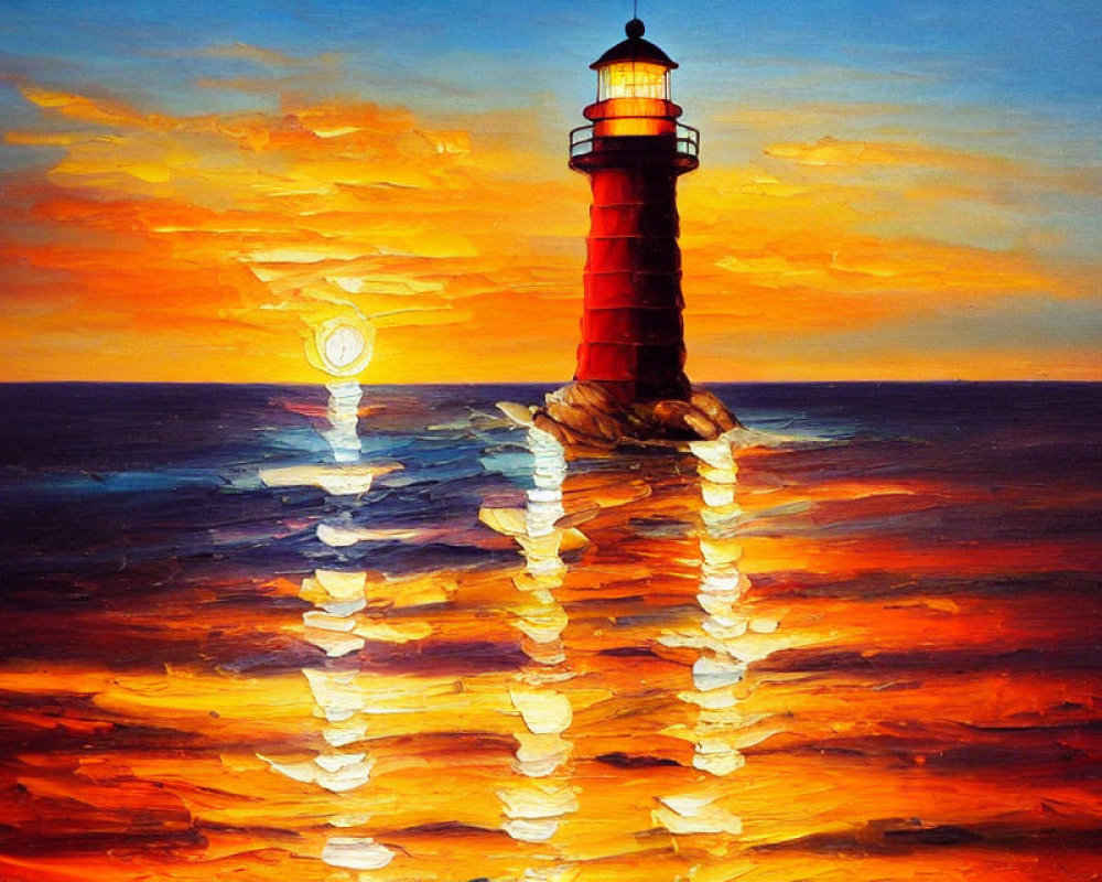 Red lighthouse painting in sunset sky with water reflections