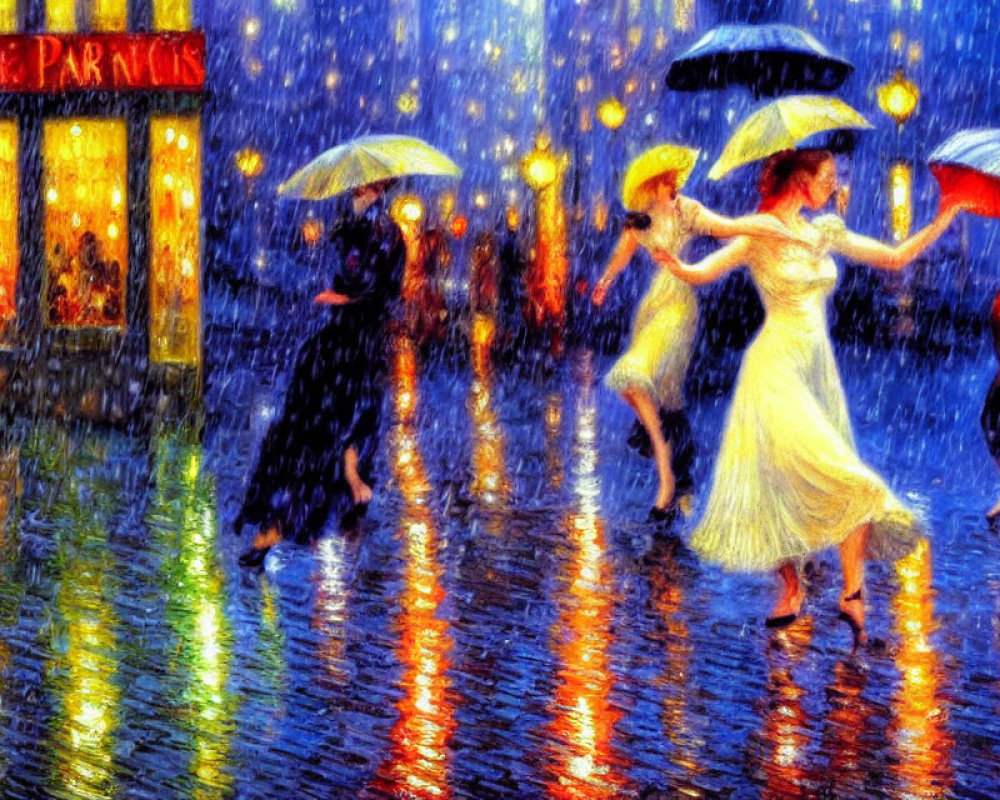 Colorful painting of people dancing with umbrellas on a rainy city street at night