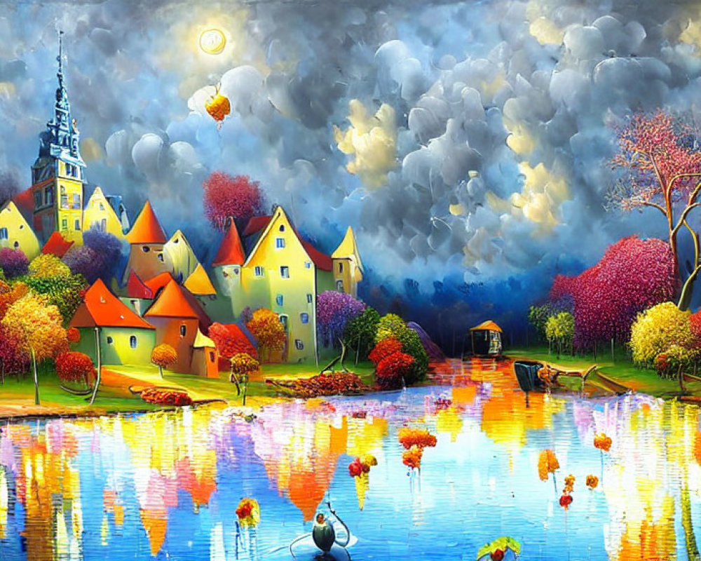 Colorful painting: Quaint village by reflective river, whimsical trees, church spire, storm