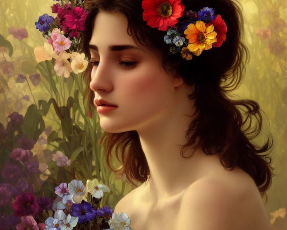 Young woman with floral wreath in serene setting surrounded by blooming flowers