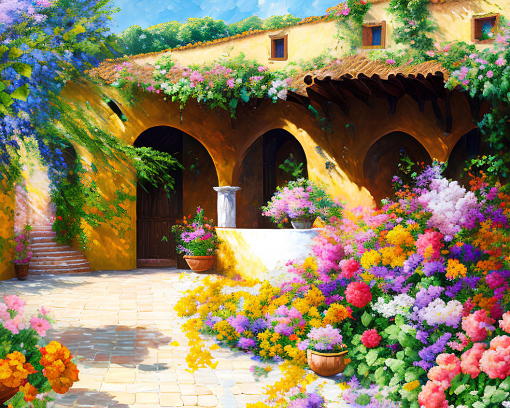 Colorful Blooming Flowers in Sunlit Courtyard Scene