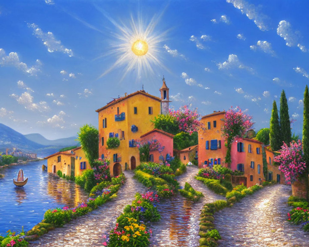 Picturesque lakeside village with cobblestone paths and vibrant flowers.