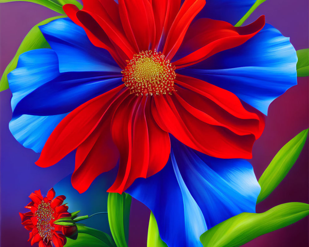 Colorful digital painting of large red flower with blue petals on purple background.