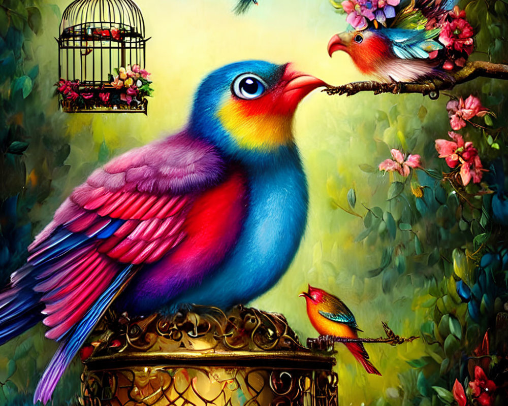 Colorful Bird Painting with Blue and Rainbow Feathers, Small Bird on Branch, and Open Birdc