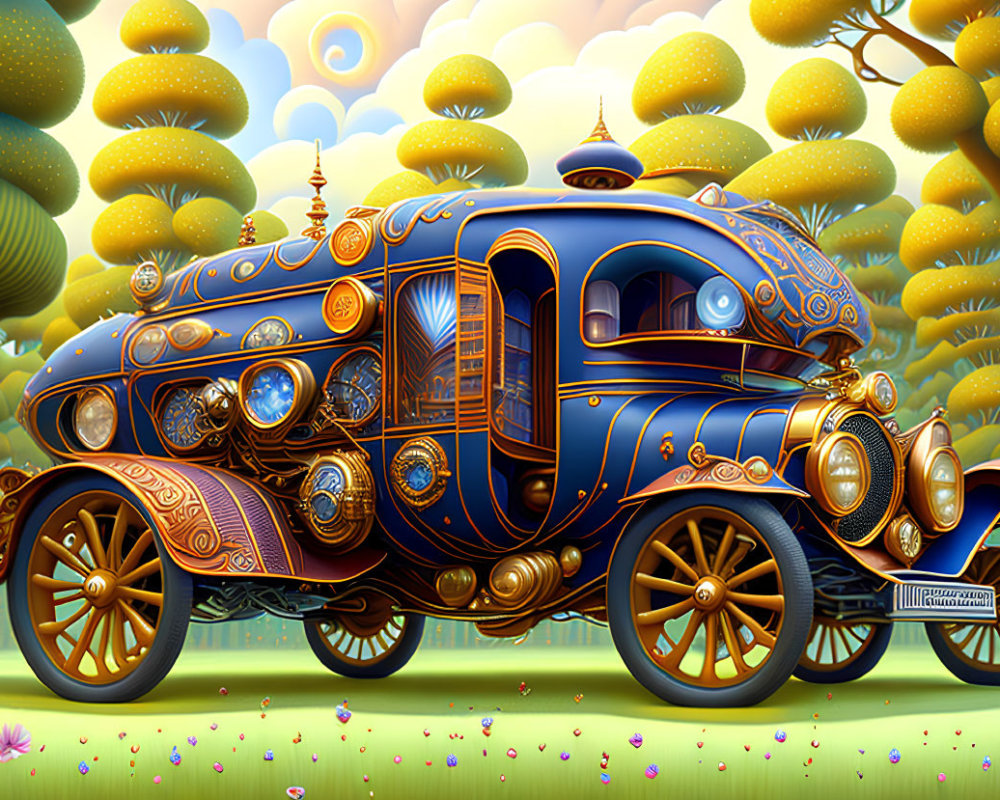 Ornate blue and gold fantasy train illustration with intricate patterns