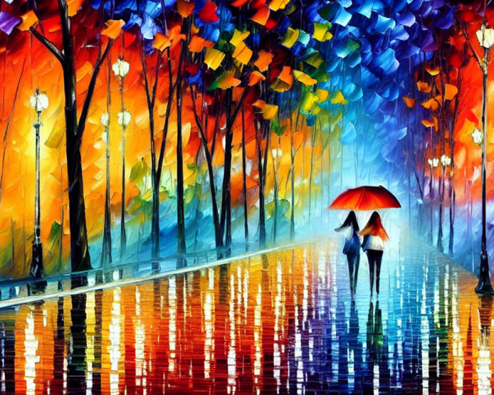 Colorful Painting: Two People Walking with Red Umbrella in Rainy Scene