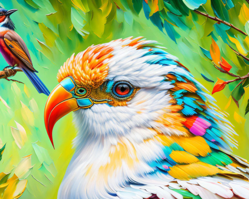 Colorful Whimsical Bird Painting with Vibrant Feathers and Lush Foliage