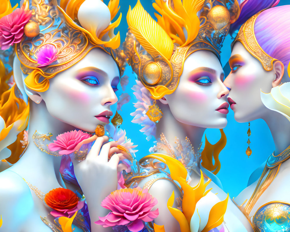 Colorful fantasy characters with golden headpieces and floral adornments on blue background