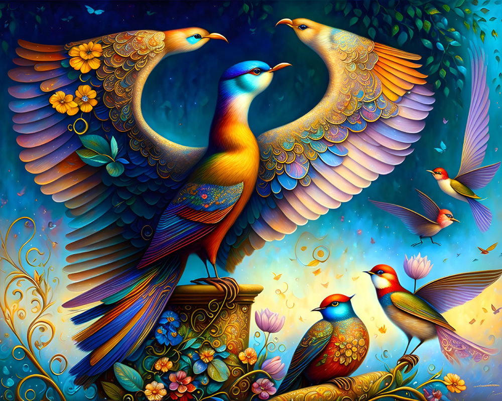 Vibrant peacock and bird artwork on blue background