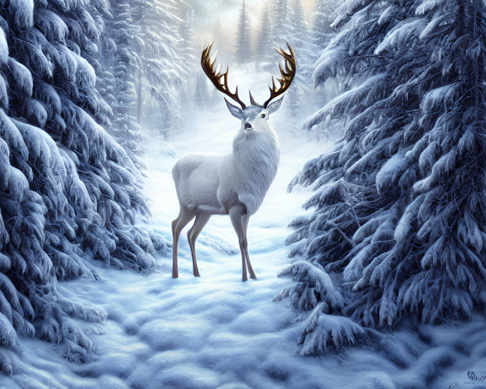 Majestic white stag with large antlers in snowy forest