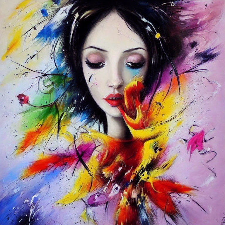 Colorful Abstract Paint Strokes Surrounding Serene Woman Portrait