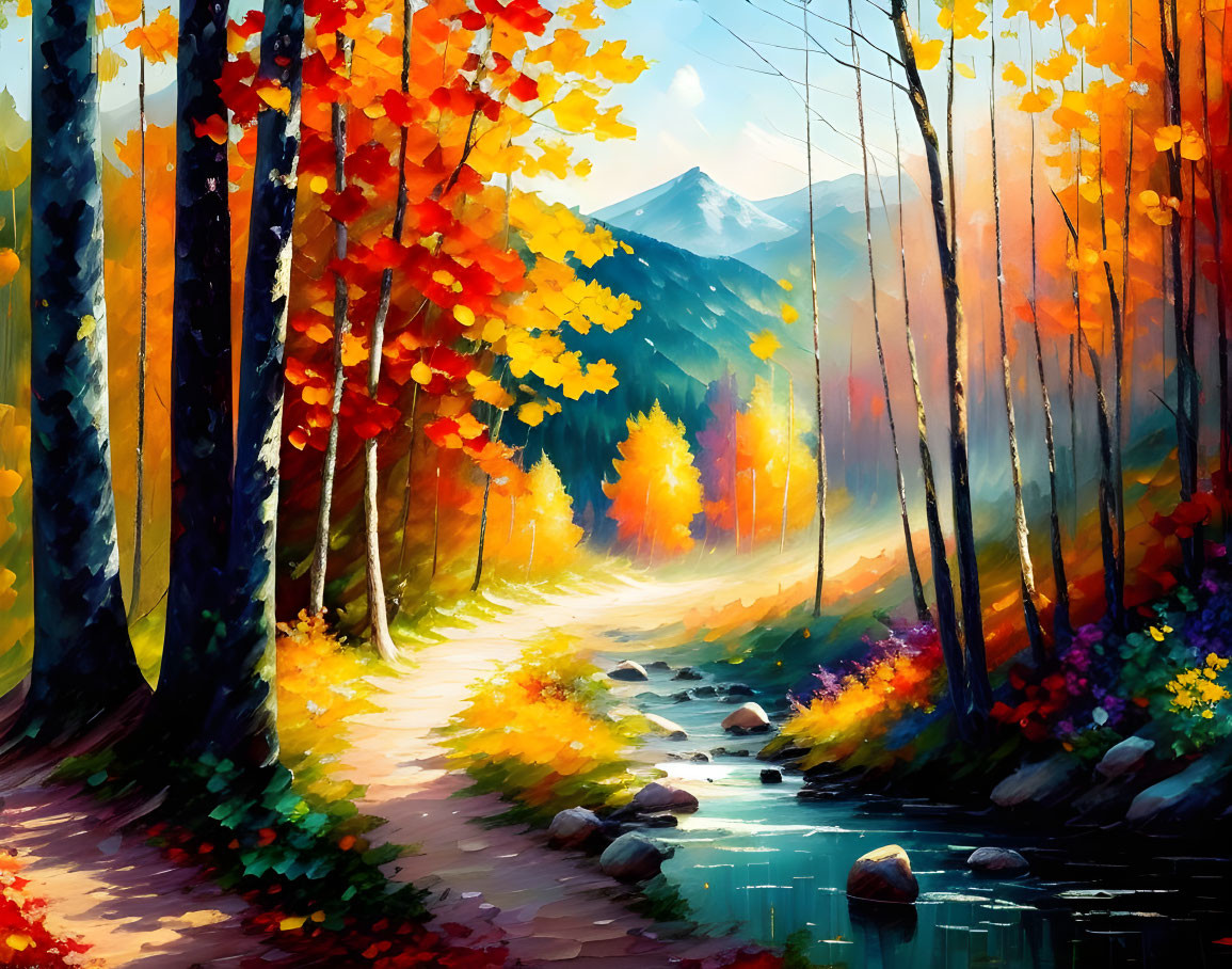 Colorful Autumn Forest Path by Creek and Mountain Sky