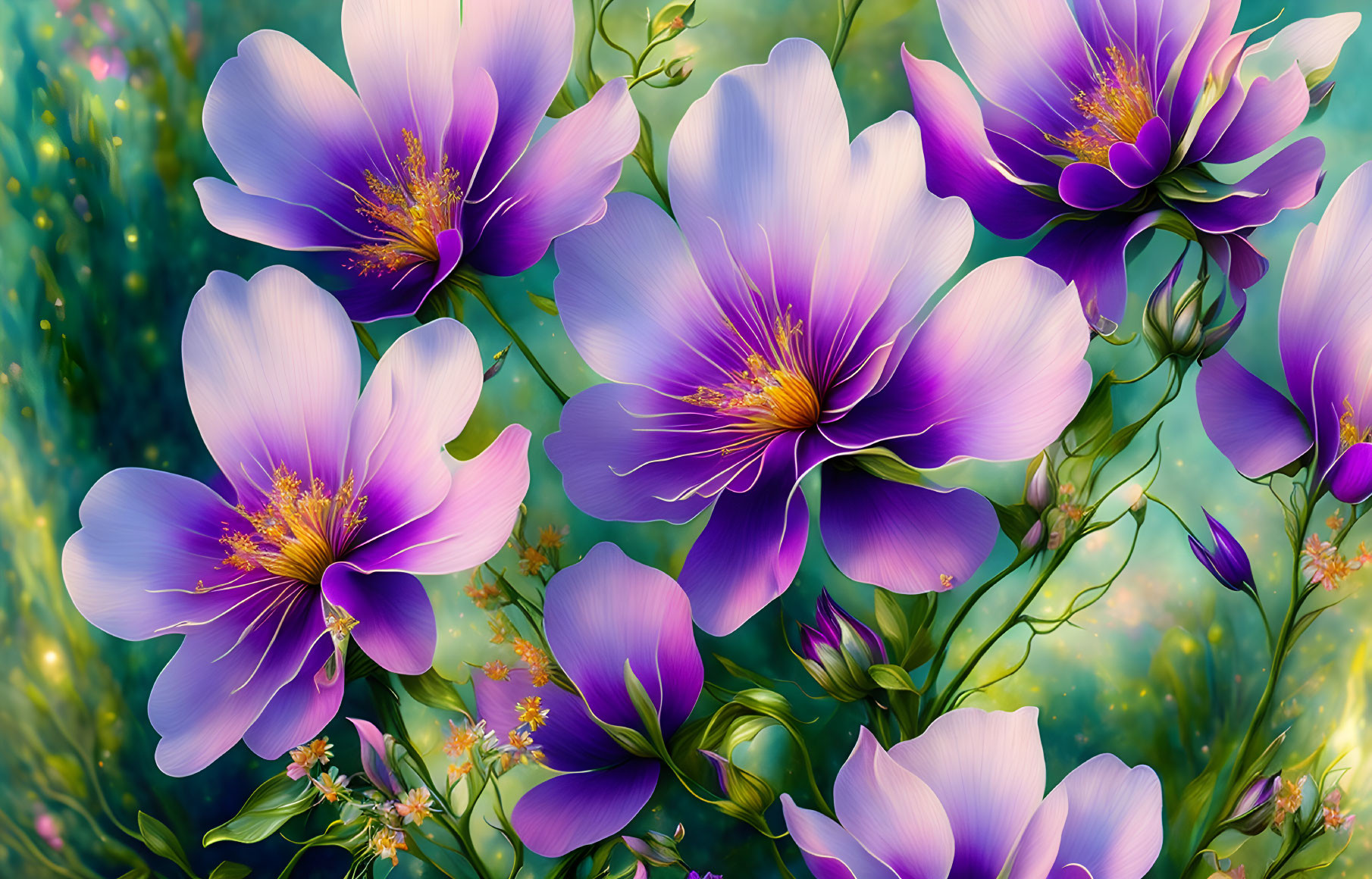 Colorful digital artwork featuring purple flowers with yellow stamens and green foliage on bokeh background