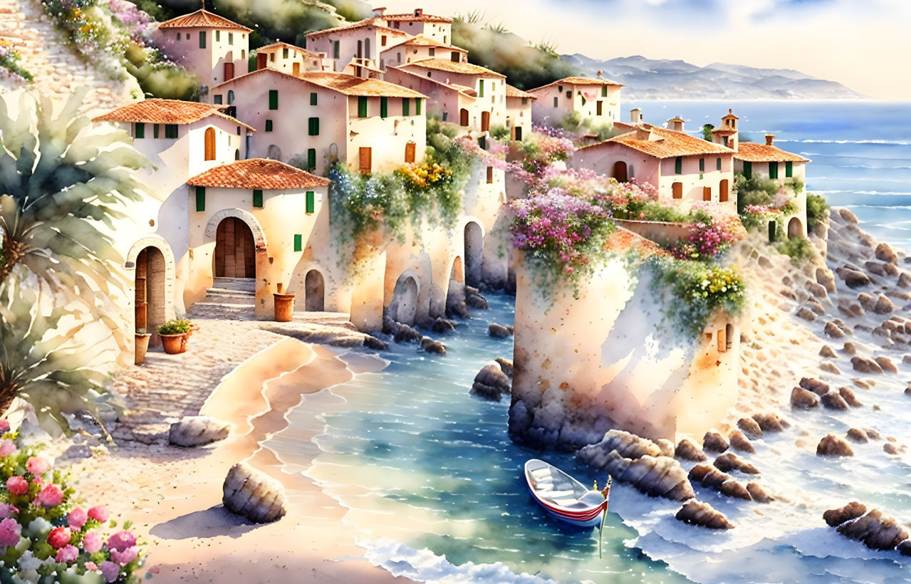 Scenic seaside village with terracotta-roofed houses, blooming flowers, calm sea,