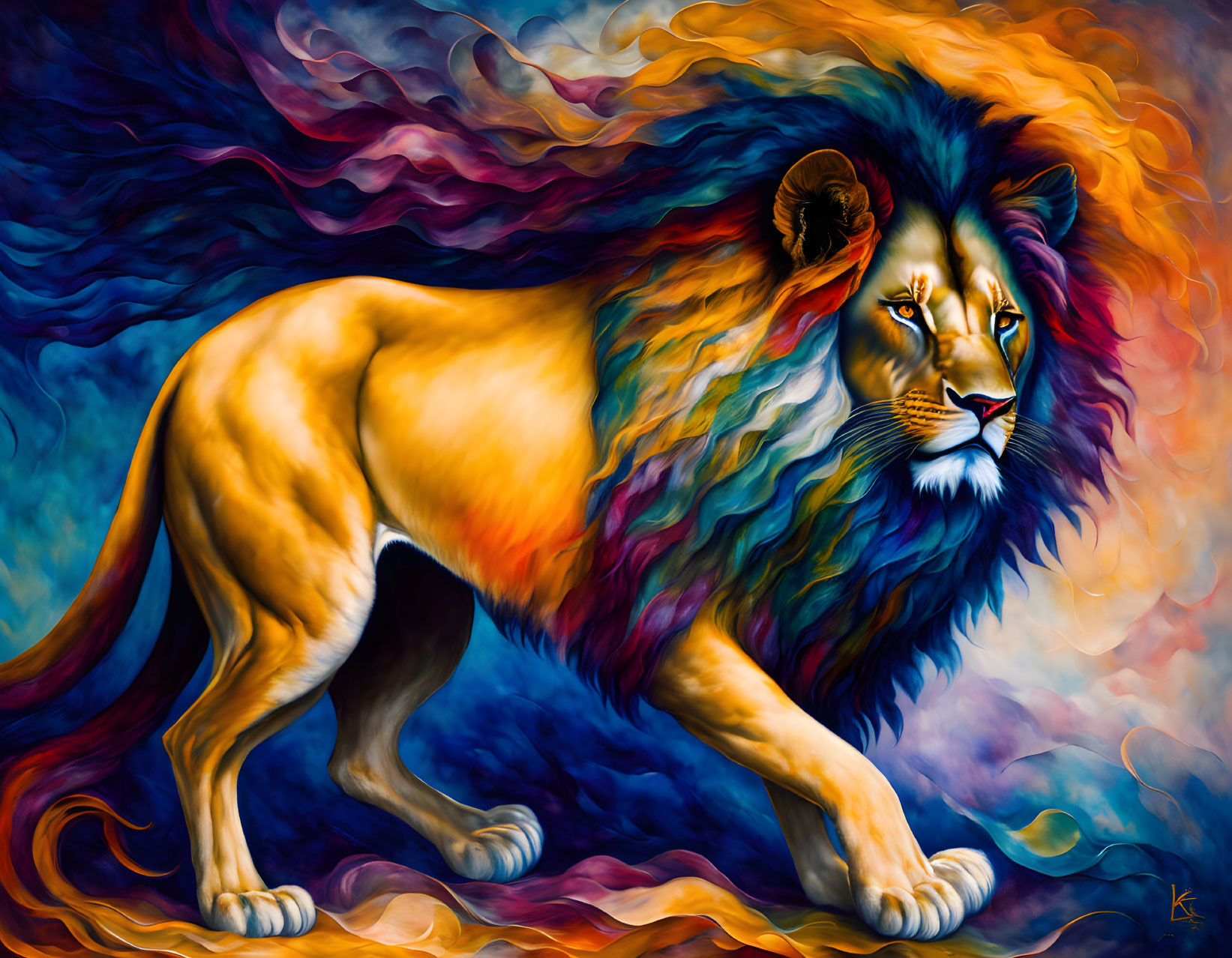 Colorful painting of majestic lion with rainbow-hued mane on swirling backdrop