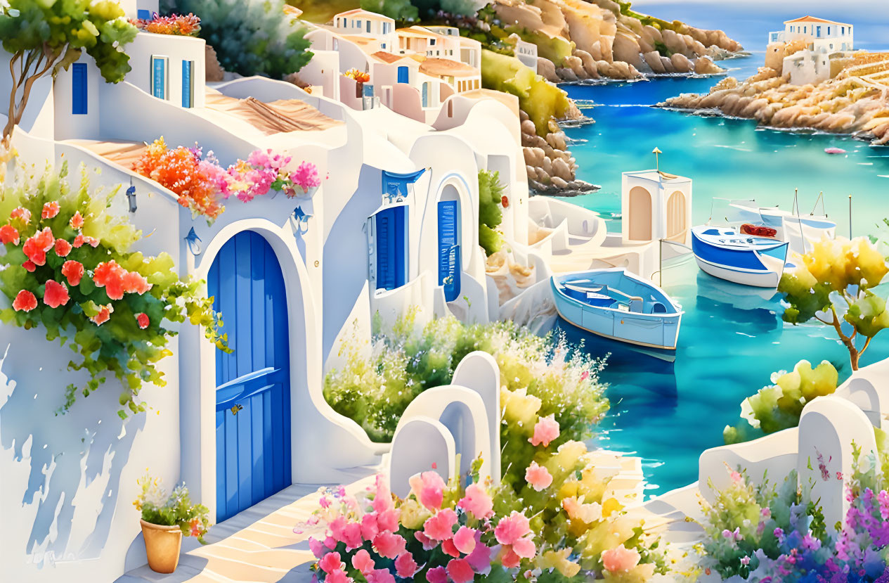 Coastal Village with White Buildings, Blue Doors, Flowers, and Boats