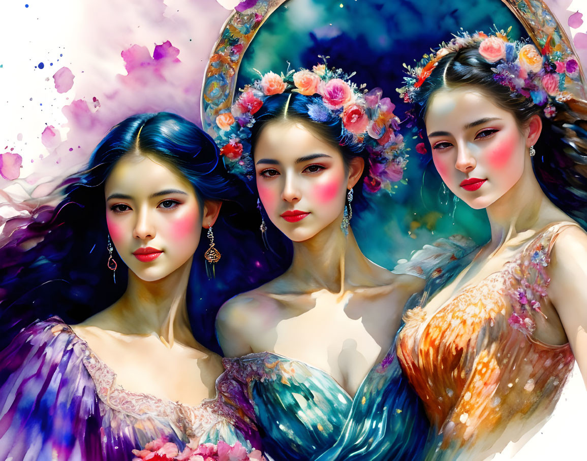 Ethereal women in floral crowns and gossamer gowns on colorful backdrop