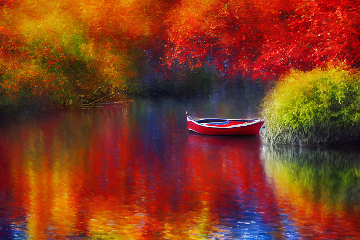 Autumn Landscape: Red and White Boat on Calm Lake amid Vibrant Foliage