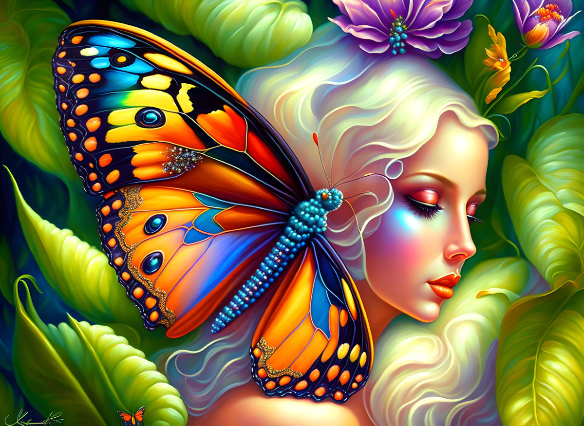 Colorful artwork of a woman with butterfly wings in lush greenery