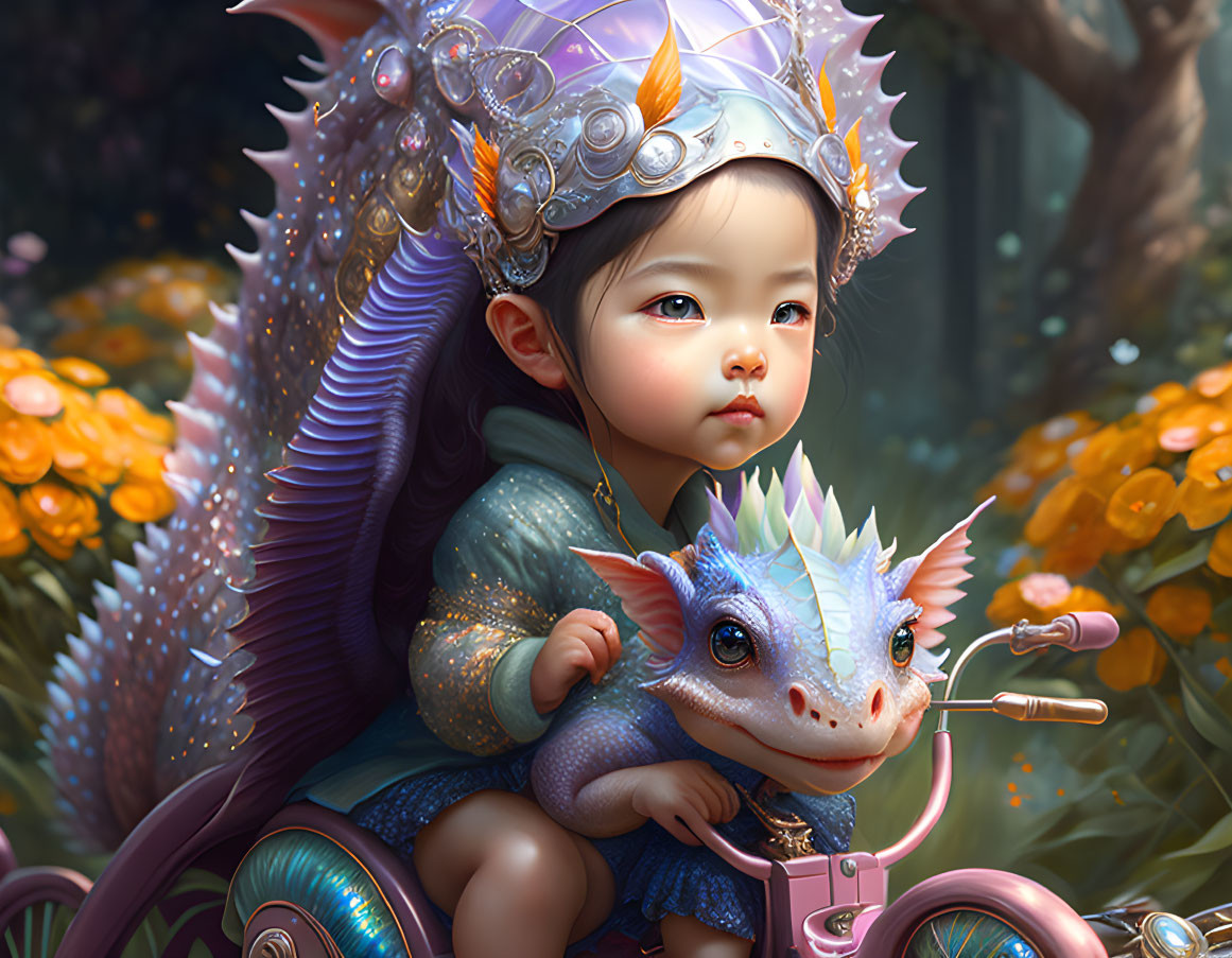 Child in whimsical helmet on bike with small dragon in lush garden