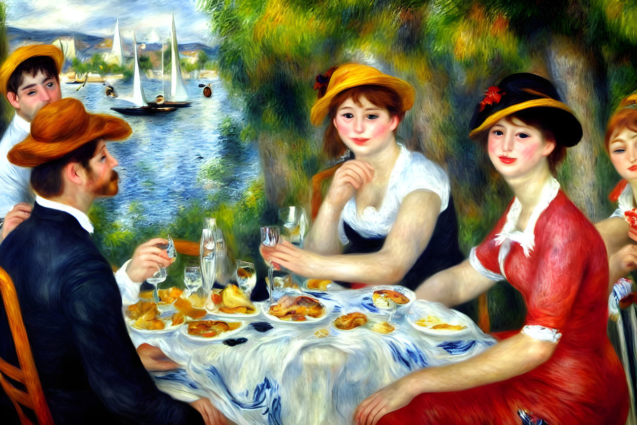 Impressionist-style painting: Five individuals at picnic by river