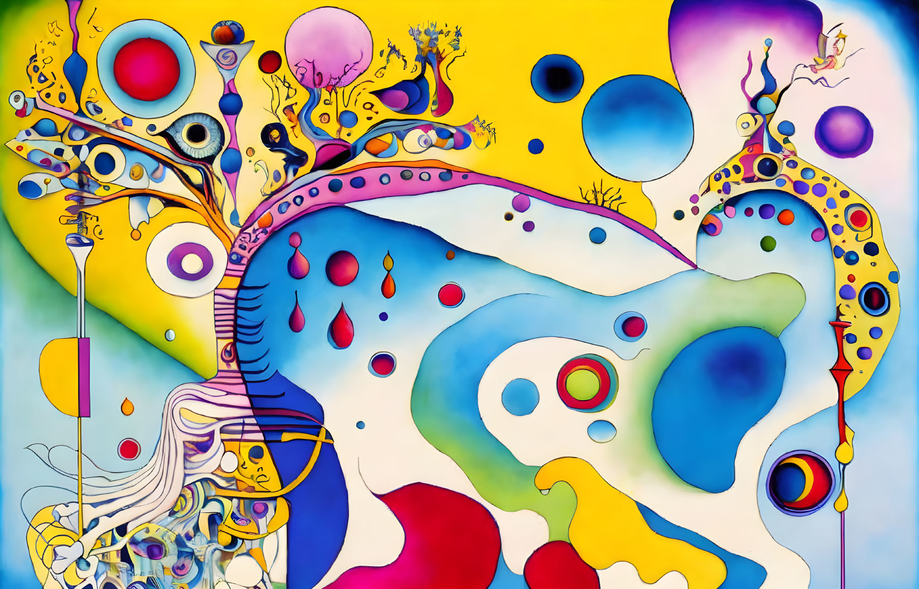 Colorful Abstract Painting with Whimsical Shapes and Floating Orbs