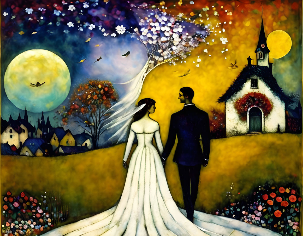 Couple in formal attire under whimsical tree in vibrant setting