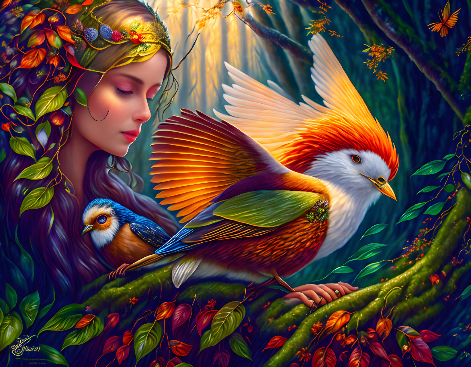 Illustration of woman with leaves in hair, colorful giant bird, and smaller bird in enchanted forest