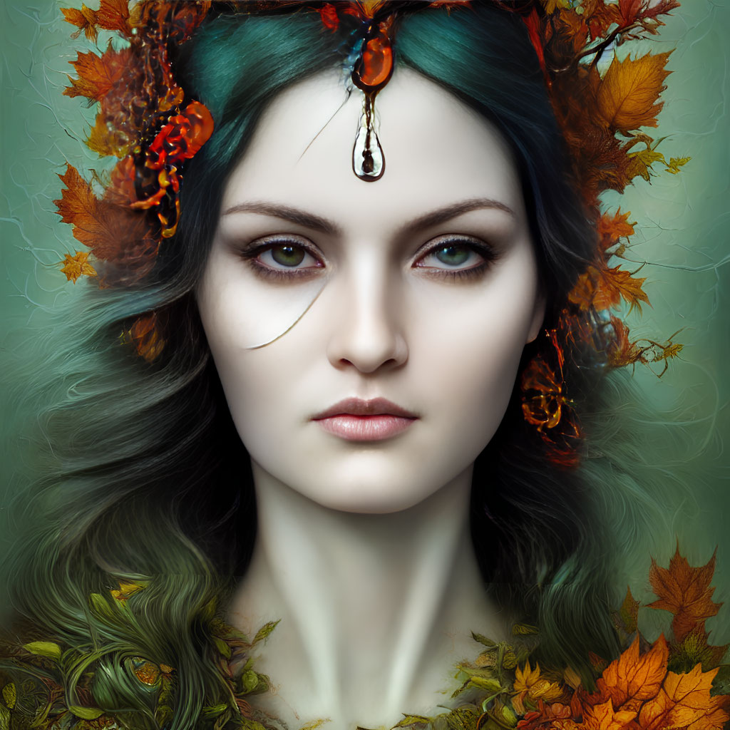 Vibrant digital portrait: woman with autumn leaves, mystical atmosphere