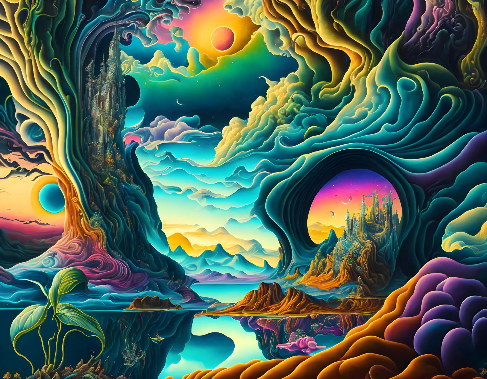 Colorful Psychedelic Landscape with Swirling Patterns and Celestial Elements